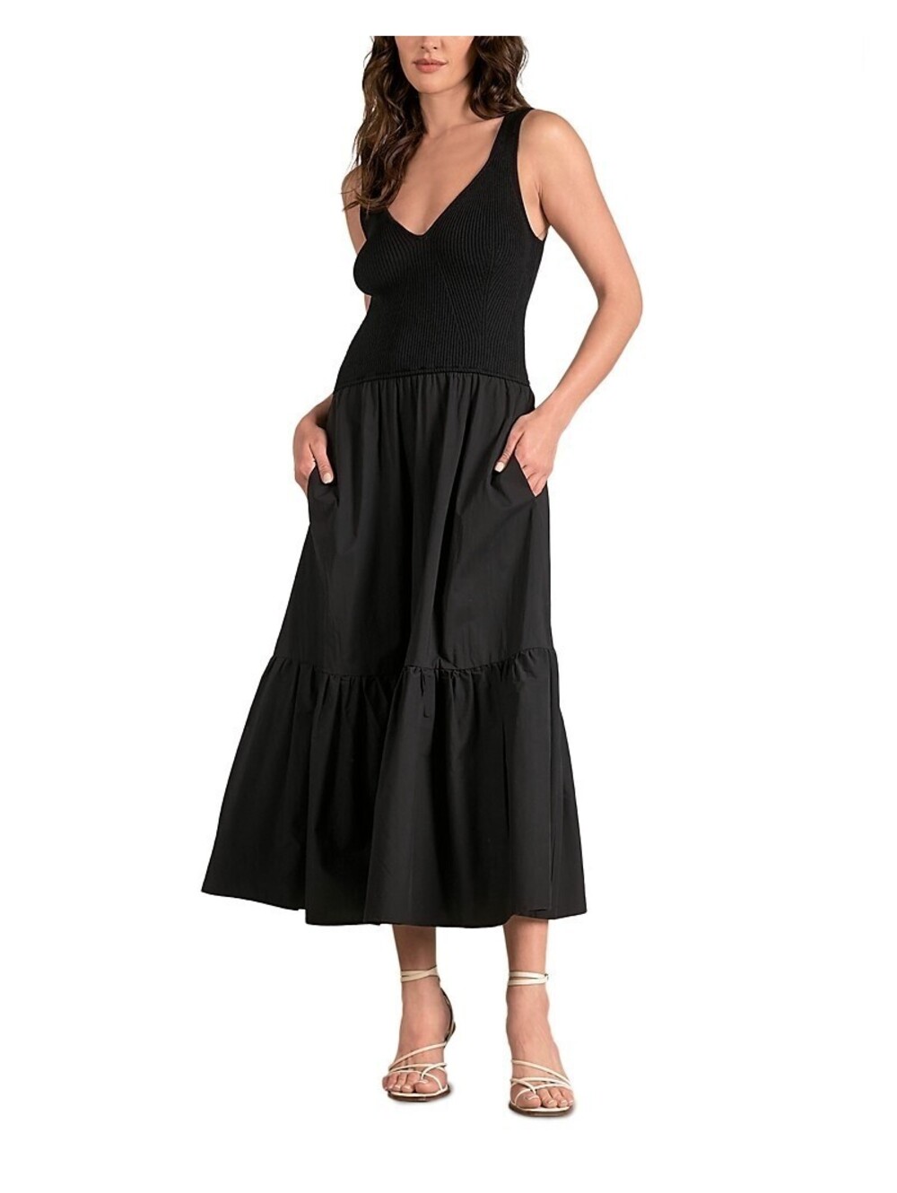 124$ Elan Rhodes Mixed Media Side Slit Maxi Tank Dress Sleeveless Size XL Black